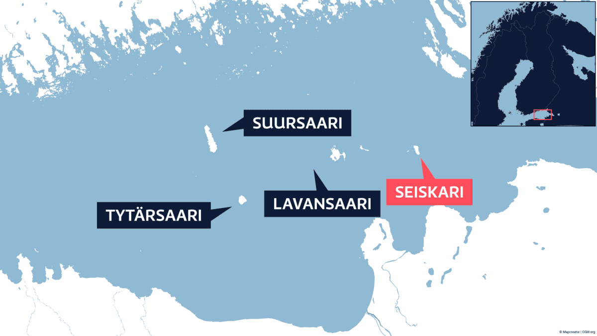 Kartta, johon on merkitty Suomenlahdella sijaitseva Seiskarin saari ja sen viereiset saaret