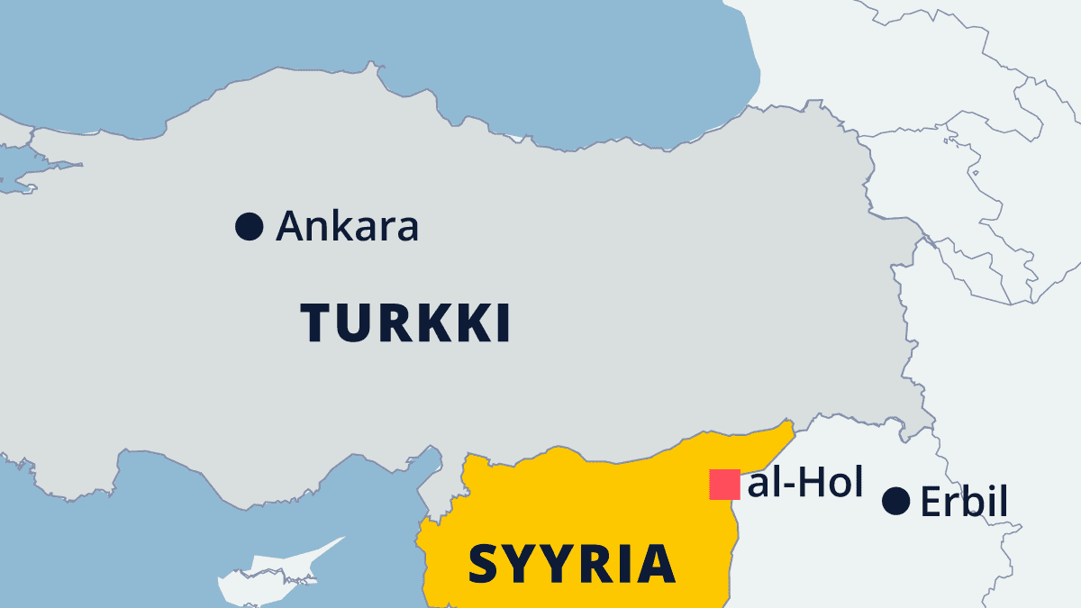 Kartta missä sijaitsee al-Hol Syyriassa, Ankara Turkissa ja Erbil Turkissa.