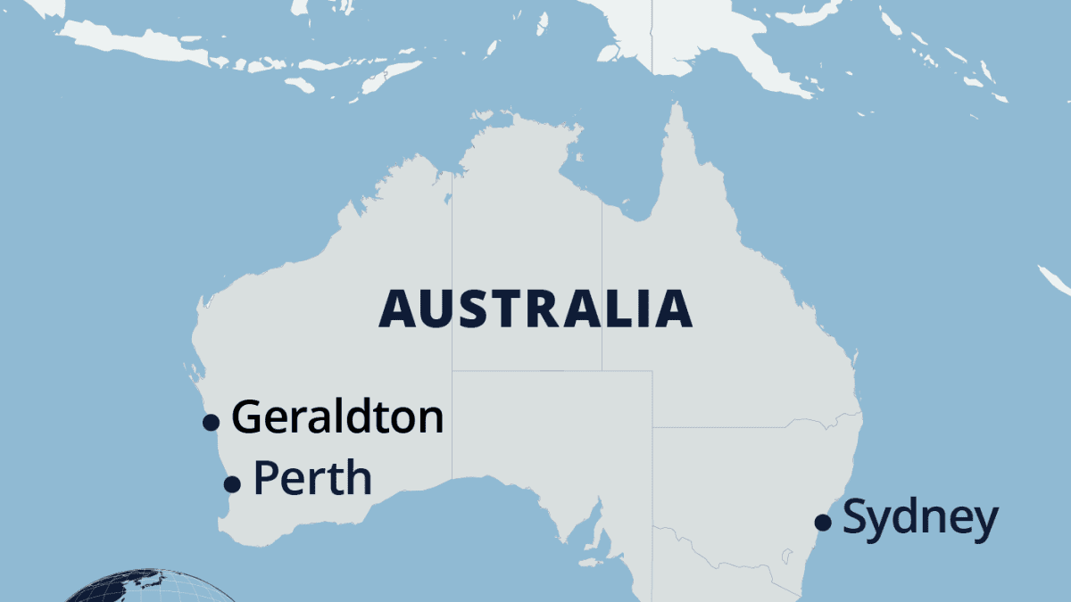 Kartassa Australian kaupungit Geraldton, Perth ja Sydney.