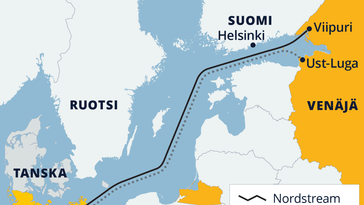 Kartalla Nordstream-kaasputkien reitit Itämerellä.