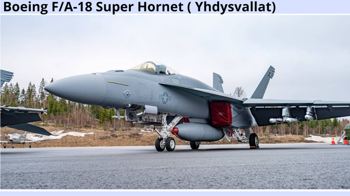 Kuvassa Super hornet F/A-18 -hävittäjälentokoneen tekniset tiedot.