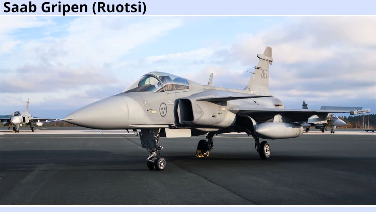 Kuvassa Saab Gripen -hävittäjälentokoneen tekniset tiedot.