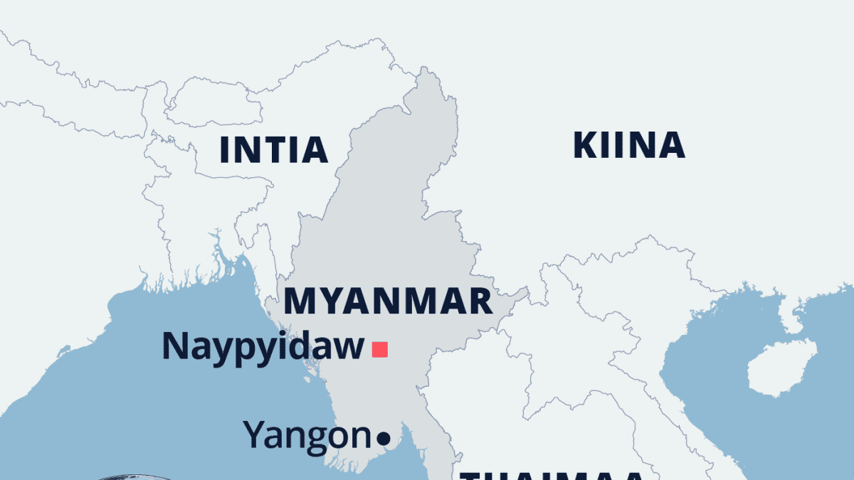 Kartta Myanmarin sijainnista Aasiassa.