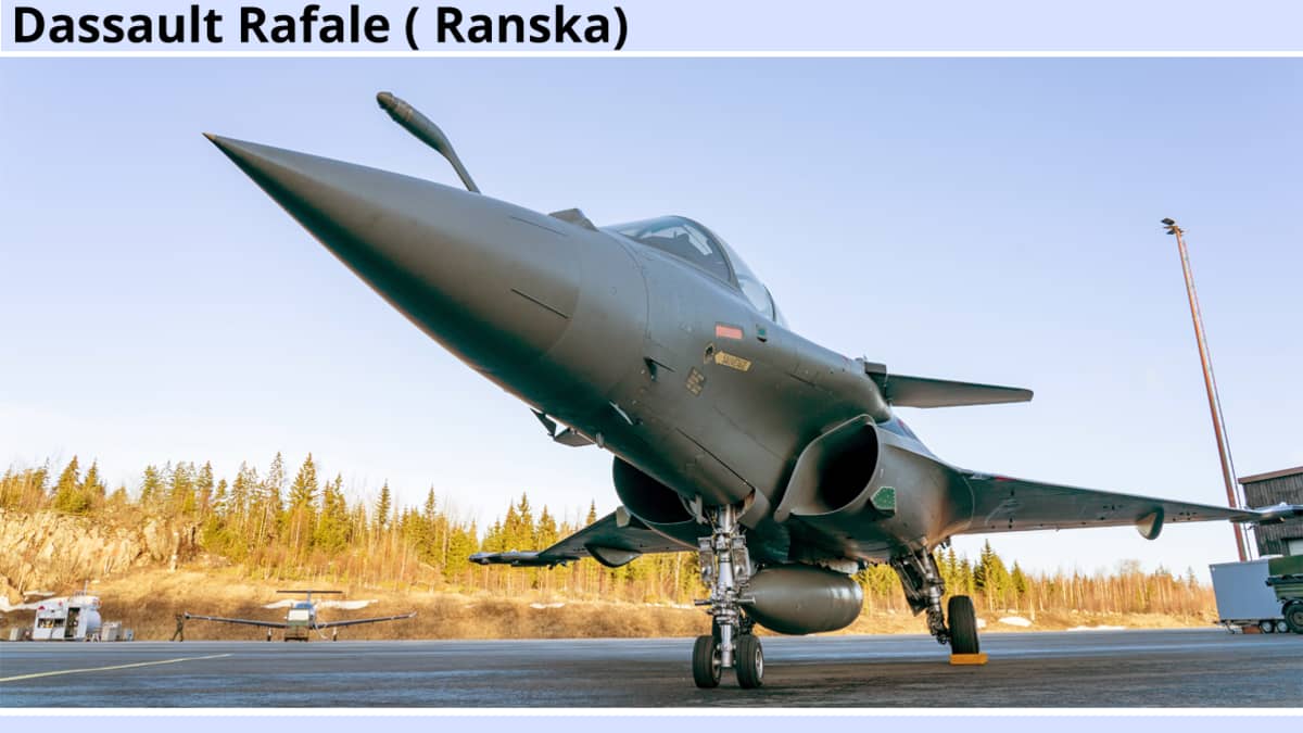 Kuvassa Dassault Rafale -hävittäjälentokoneen tekniset tiedot.