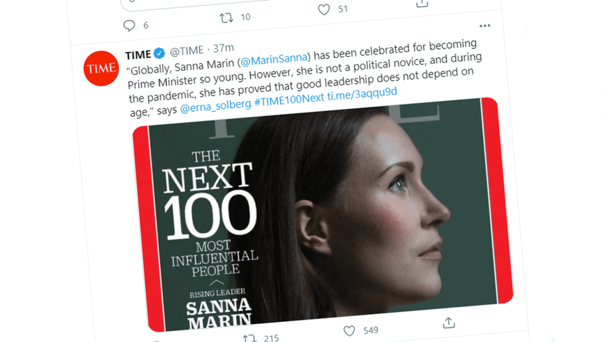 Kuvakaappaus Time-lehden Twitter-viestistä jossa kerrotaan Sanna Marinista.