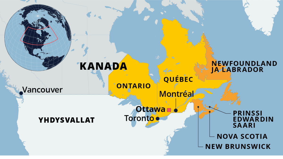 Kartassa Kanadan itäpuolen provinsseja ja tilasto niiden koronatartuntojen kokonaismäärästä.