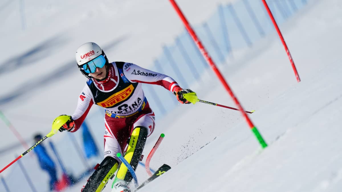 Adrian Pertl of Austria in action during the FIS Alpine Ski World Championships Men's Slalom on February 21, 2021 in Cortina d'Ampezzo Italy.