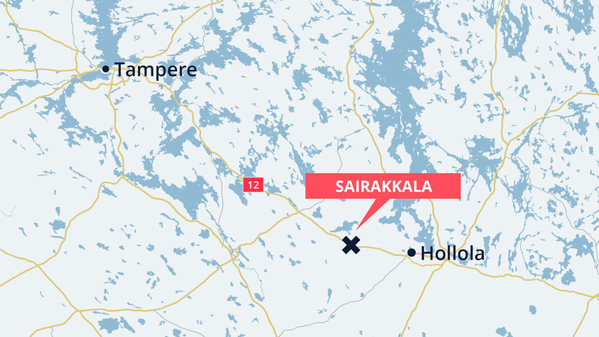 Karttaan merkitty onnettomuuspaikka valtatie 12:lla Sairakkalassa, Hollolassa