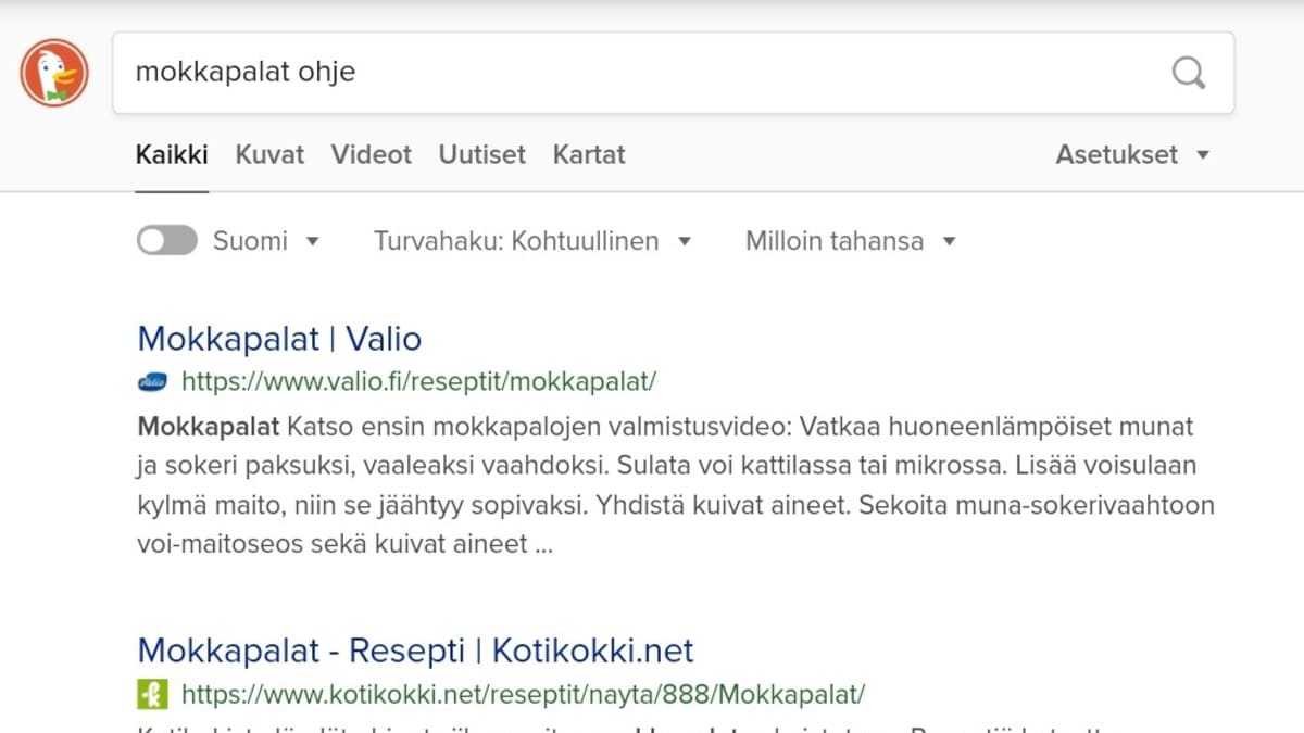Duckduckgon antama tulos