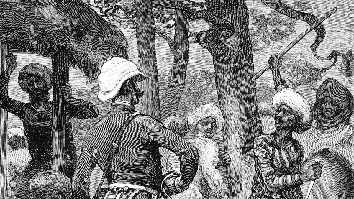 Brittiupseeri kohtaa intialaisia. Piirros 1800-luvun lopulta.