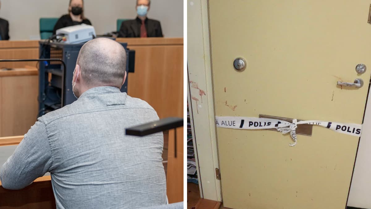 Selän takaa kuvattu mies oikeussalissa ja toinen kuva poliisinauhalla eristetystä ovesta jossa on myös vähän verta.