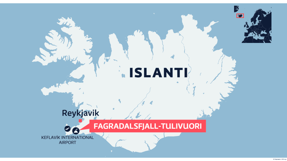 Kartta Islannista Fagradalsfjällin tulivuorenpurkauksesta.