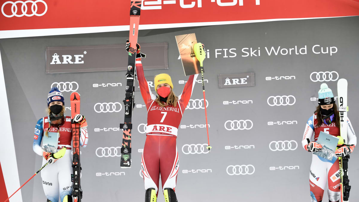 Mikaela Shiffrin of USA takes 2nd place, Katharina Liensberger of Austria takes 1st place, Wendy Holdener of Switzerland takes 3rd place during the Audi FIS Alpine Ski World Cup Women's Slalom on March 13, 2021 in Are Sweden.