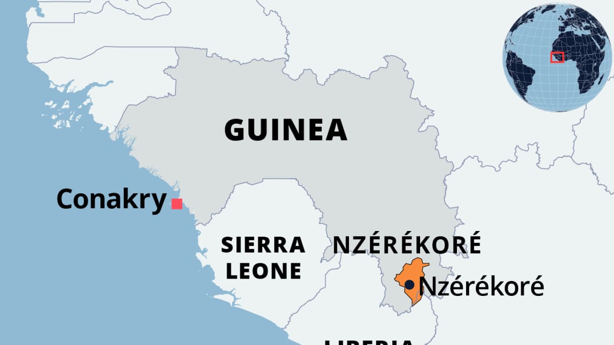 Ebola-alue Nzérékoressa Guineassa on merkitty karttaan oranssilla.