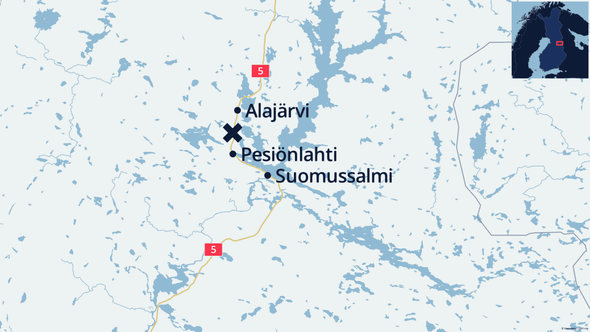 Kartta jossa Suomussalmi ja onnettomuuspaikka