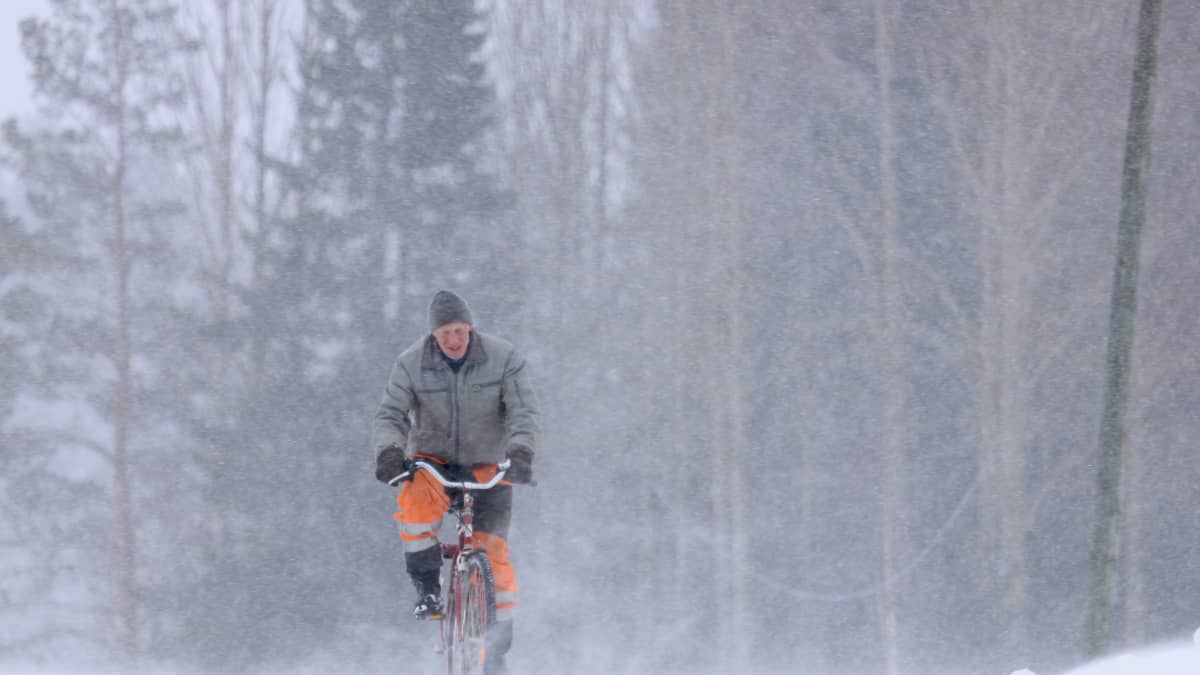 Mies pyöräilee lumisateessa.