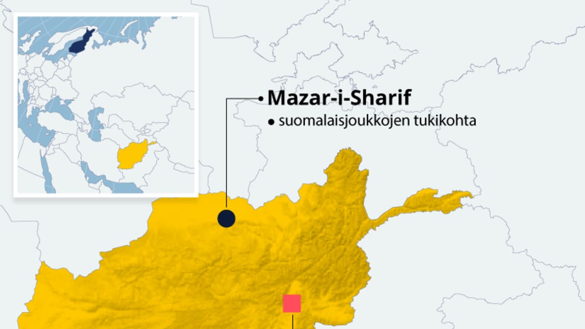 Afganistanin kartta johon on merkitty myös Mazar-i-Sharifin ja pääkaupunki Kabulin sijainti.