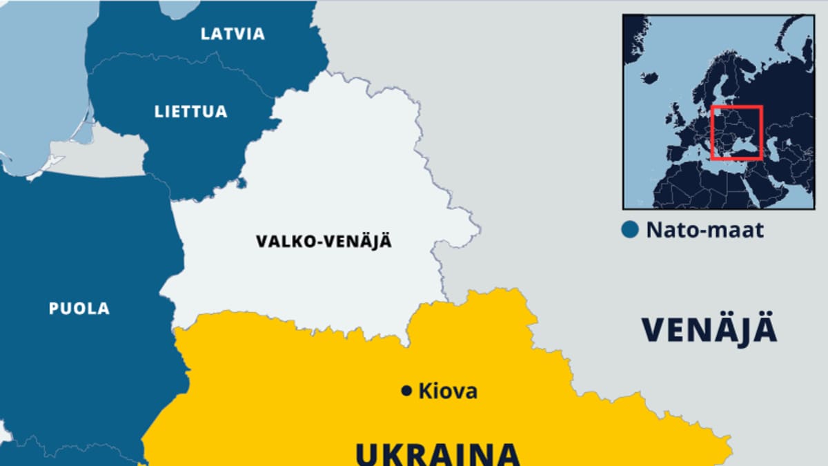 Ukrainan ja sitä ympäröivien Nato-maiden kartta.