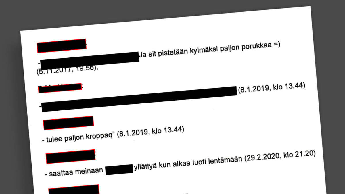Osa asiakirjasta missä on paljon peitettyjä kohtia ja näkyvissä tekstit "Ja sit pistetään kylmäksi paljon porukkaa =)", "tulee paljon kroppaq" ja "saattaa meinaan PEITETTY KOHTA yllättyä kun alkaa luoti lentämään".