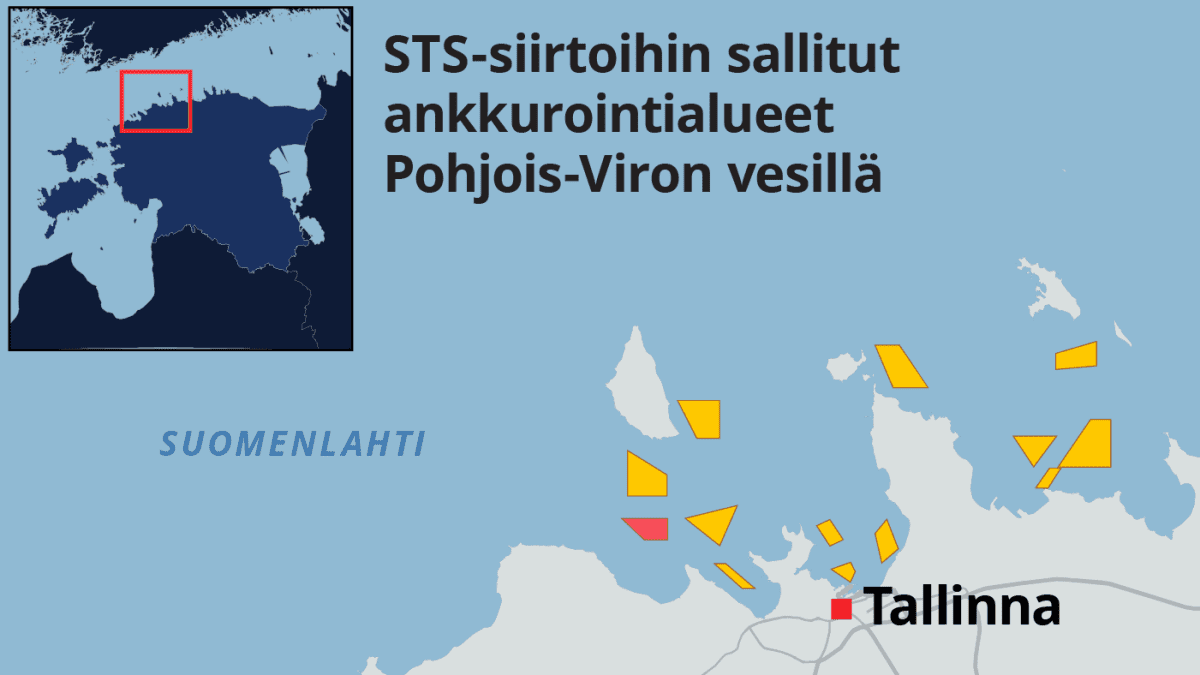 STS-siirtoihin sallitut ankkurointialueet Pohjois-Viron vesillä Suomenlahdella.