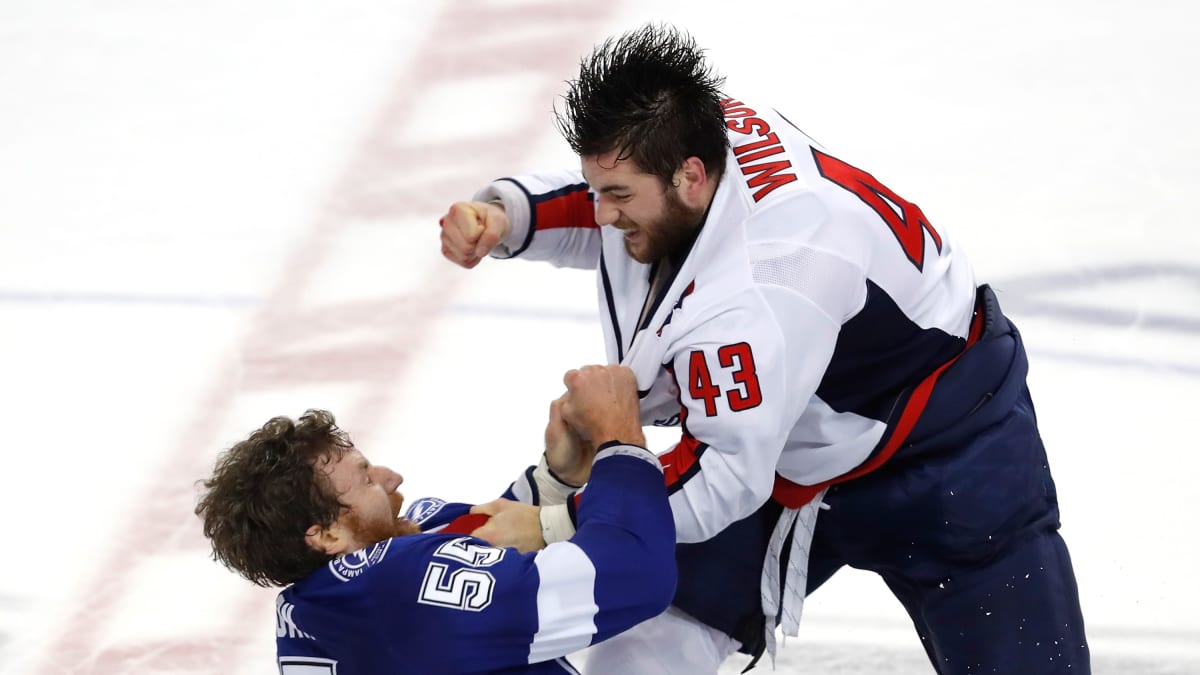 Braydon Coburn #55 of the Tampa Bay Lightning fights with Tom Wilson #43 of the Washington Capitals during the first period in Game Seven of the Eastern Conference Finals during the 2018 NHL Stanley Cup Playoffs at Amalie Arena on May 23, 2018 in Tampa, Florida