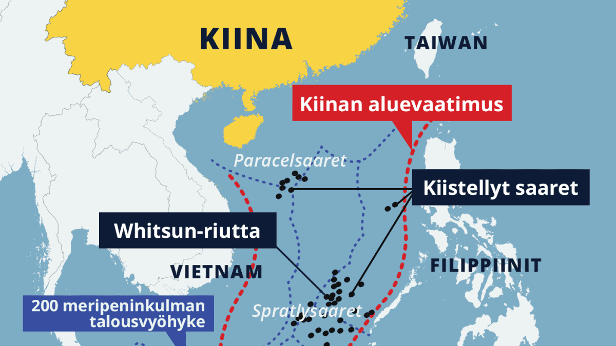 Kartta, johon merkitty Kiinan aluevaatimus ja kiistellyt saaret (mm. Paracel- ja Spratlysaaret).