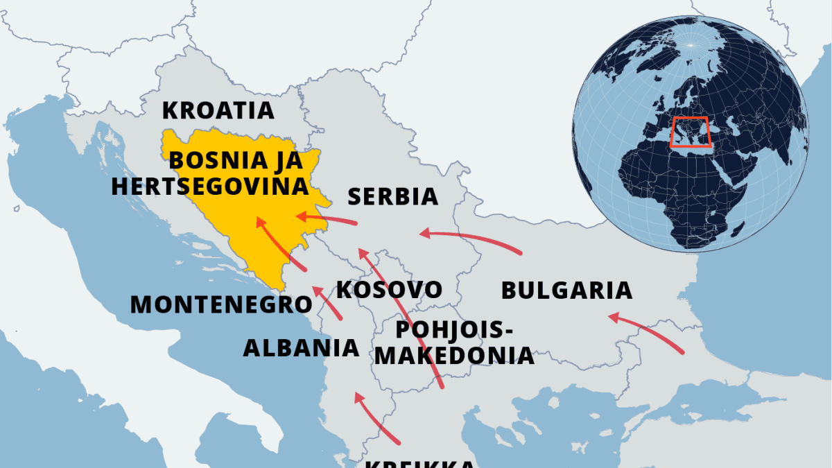 Kartta pakolaisreiteistä turkista Bosnia-Hertsegovinaan.