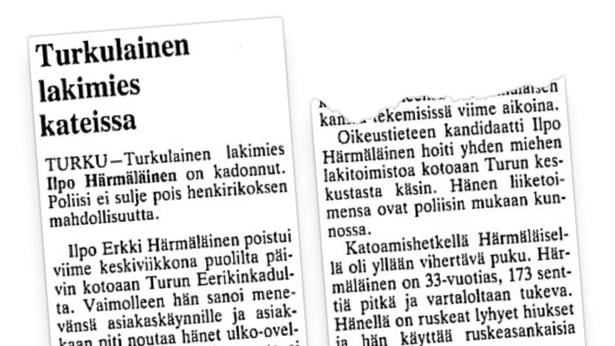 Lehtileike Helsingin Sanomien Ilpo Härmäläisen katoamisesta kertovasta lyhyestä uutisesta.