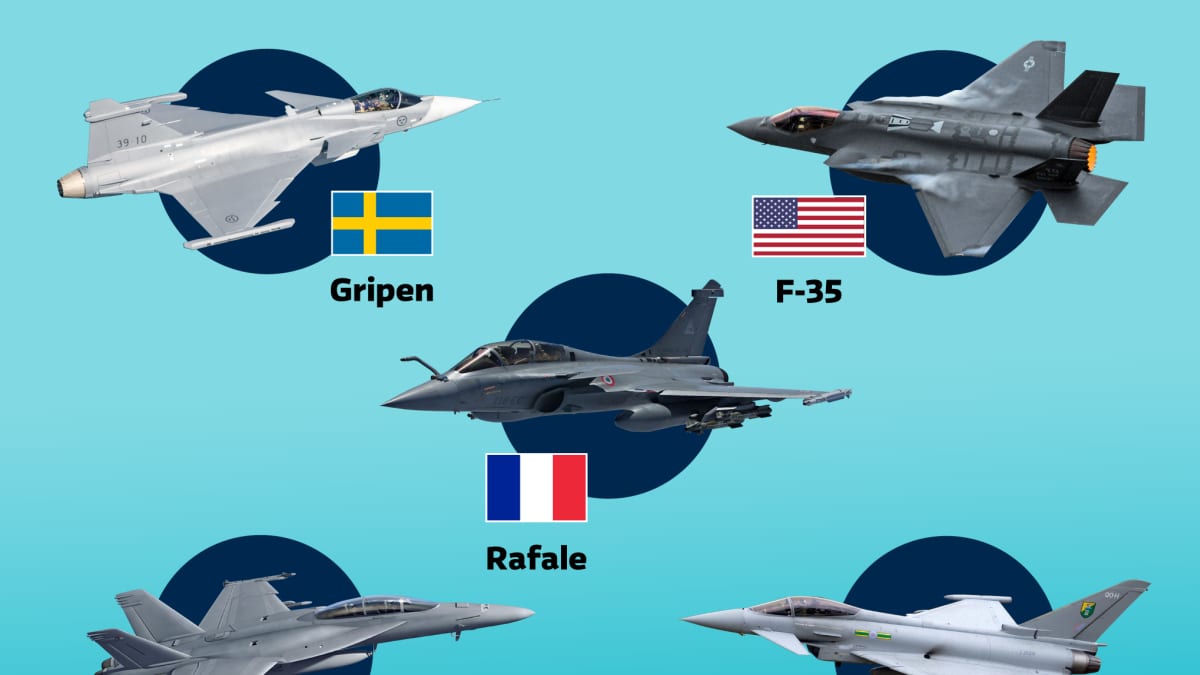 Gripen-, F-35-, Rafale-, Super Hornet- ja Eurofighter-hävittäjät.