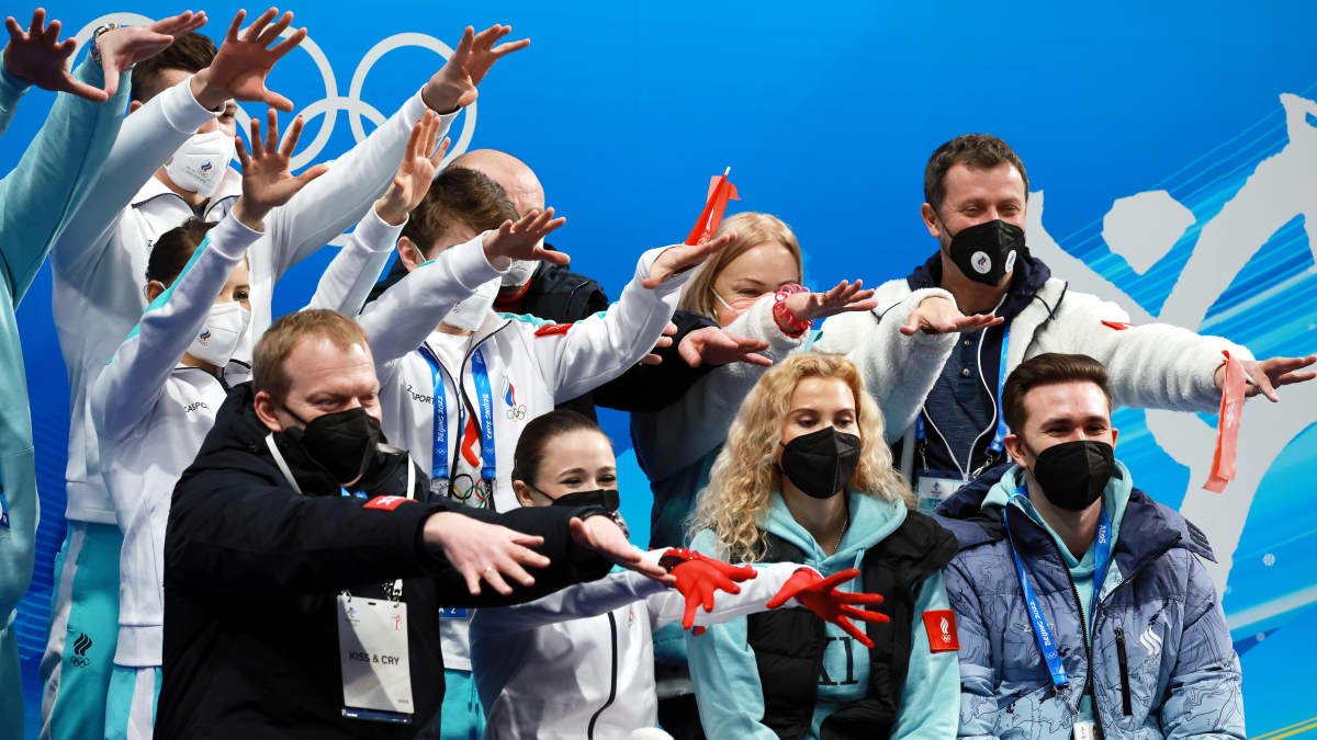 Kamila Valieva and her team of Russia reacts during the Woman Single Skating - Free Skating of the Figure Skating Team Event at the Beijing 2022 Olympic Games, Beijing, China, 07 February 2022.