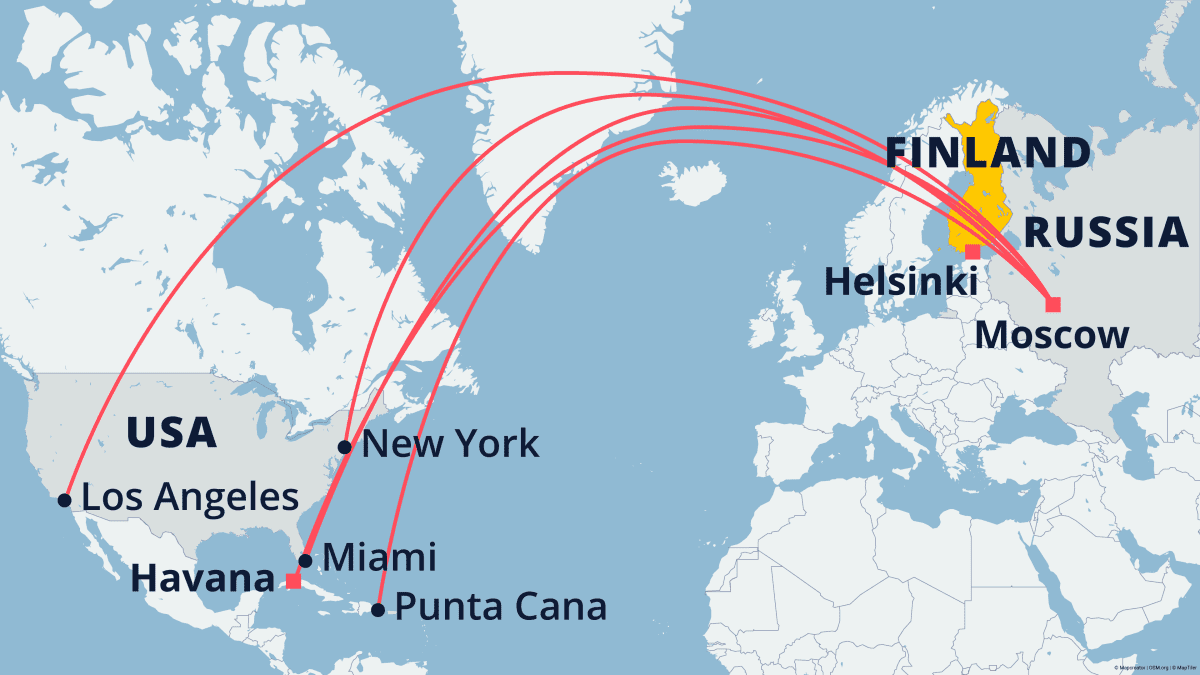 Map showing transatlantic flights from Moscow that pass over Finland.