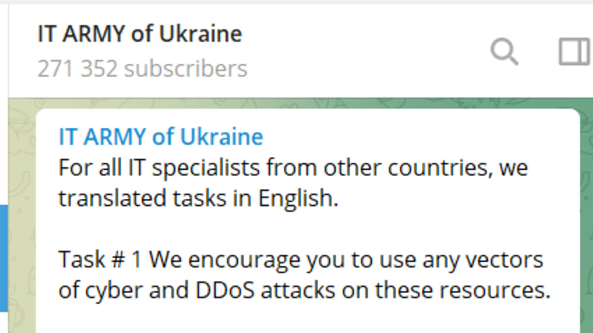 Kuvakaappaus IT army for Ukraine -Telegram-ryhmästä 2.3.2022