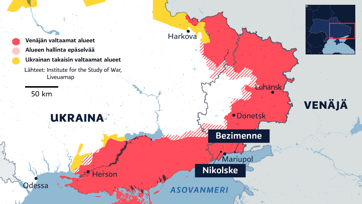 Kartalla Venäjän valtaamat alueet Itä-Ukrainassa 17.6.2022. Karttaan merkitty Bezimenne ja Nikolske Donetskin alueella.
