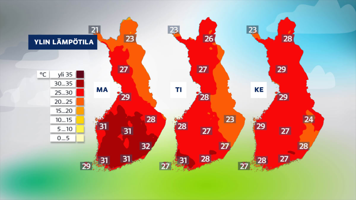 Sääkartta: Lämpötilaennuste 27. - 29.6.2022. Sää jatkuu helteisen kuumana. 