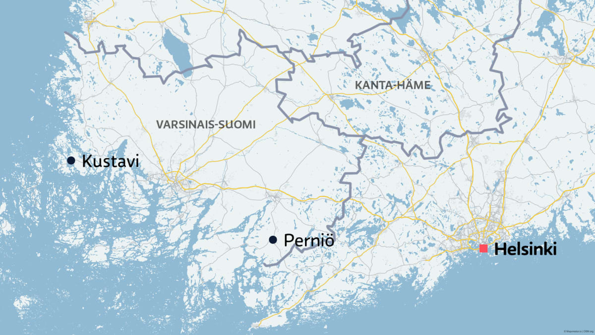Karttagrafiikka, johon on merkitty Varsinais-Suomen havainnot kanadanmajavista.