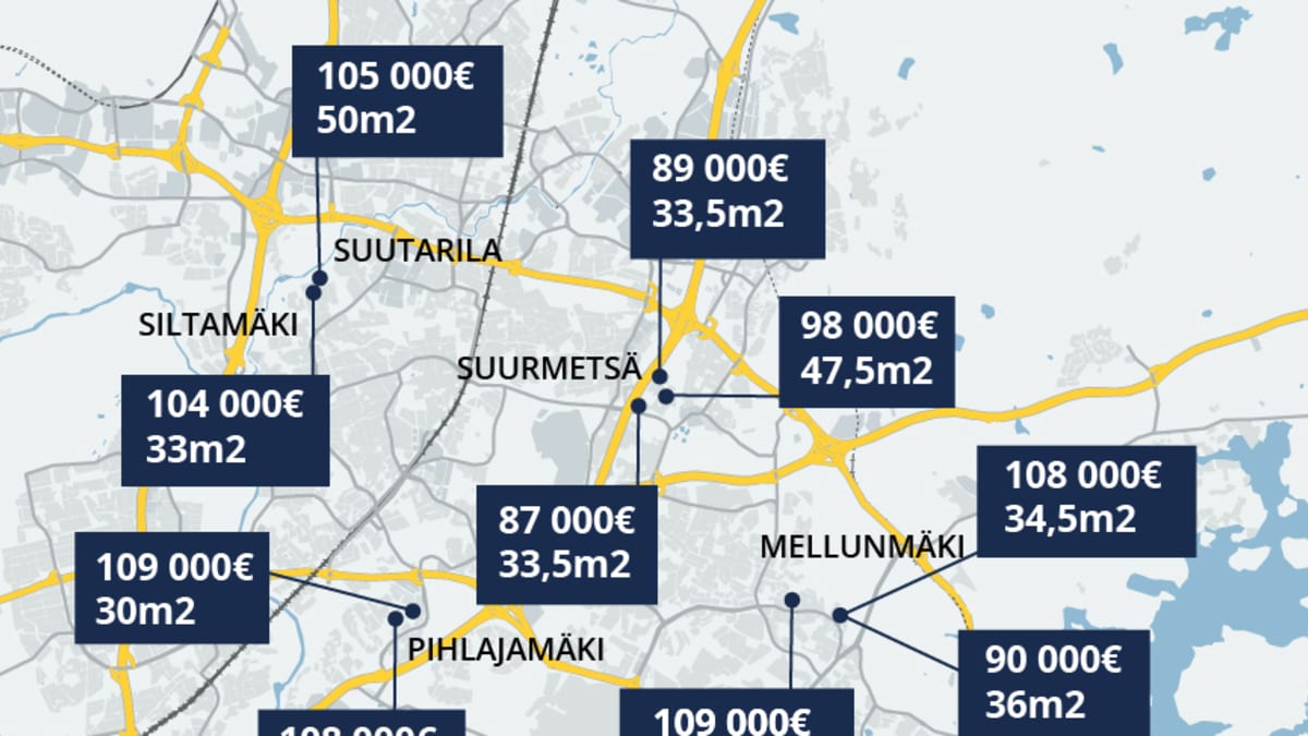 Kuvassa on Helsingin kaupungin kartta, jonne on sijoiteltu kymmenen halvinta myynnissä ollutta pientä asuntoa.