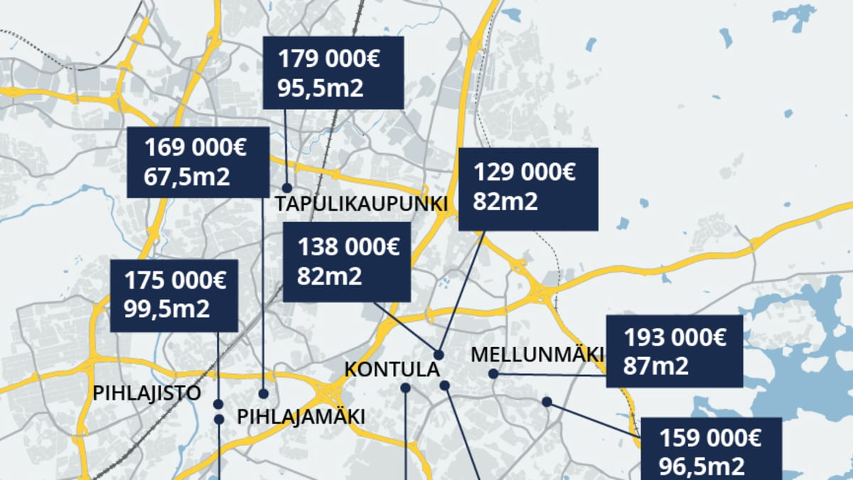 Kuvassa on Helsingin kartta, jonne on sijoiteltu kymmenen kaupungin halvinta myynnissä ollutta perheasuntoa.