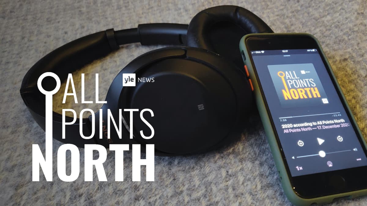 Headphones and iPhone tuned to Yle News' All Points North podcast