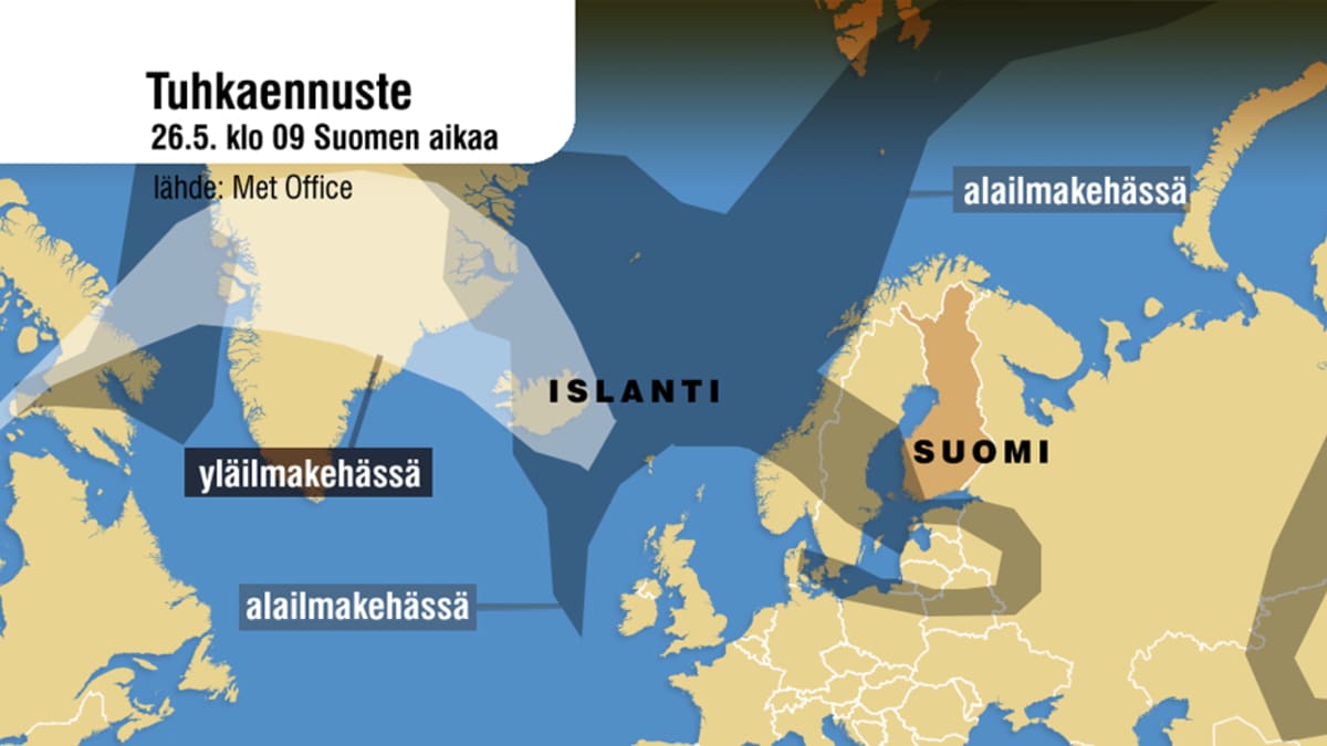 Ennustekartta Islannista leviävästä tuhkasta 26. toukokuuta klo 09.
