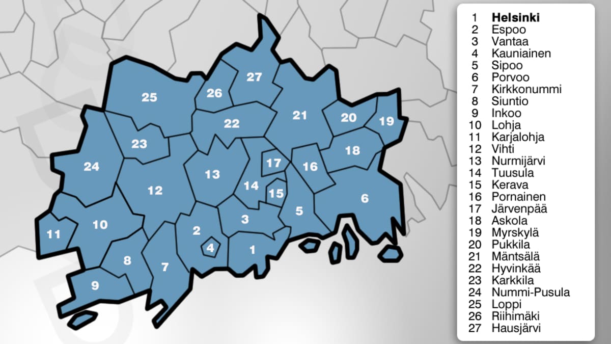 Helsingin työssäkäyntialueeseen kuuluu suurin osa Uudestamaasta ja osia Kanta-Hämeestä, yhteensä 27 kuntaa.