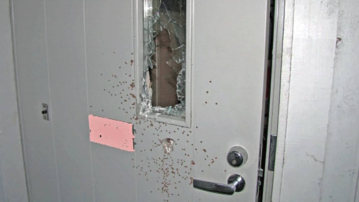 Ulko-ovi, jossa rikottu ikkuna ja ammuskelun jälkiä.