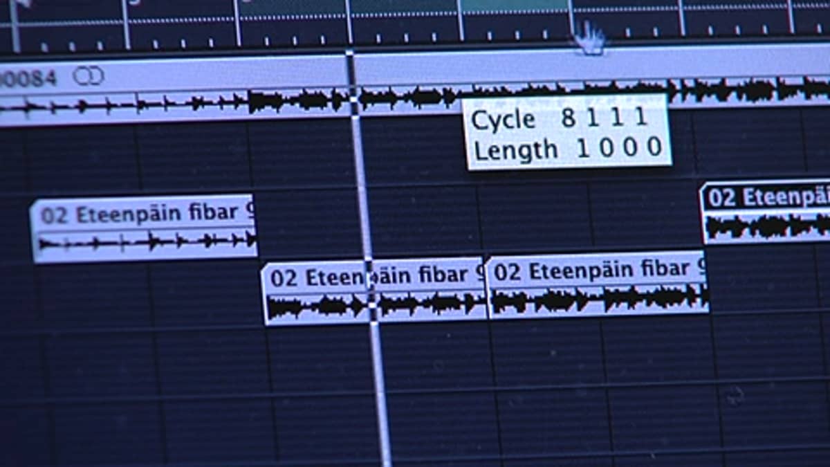 Musiikin editointiohjelman käyttöliittymä tietokoneen näytöllä. Ääniraitoja.