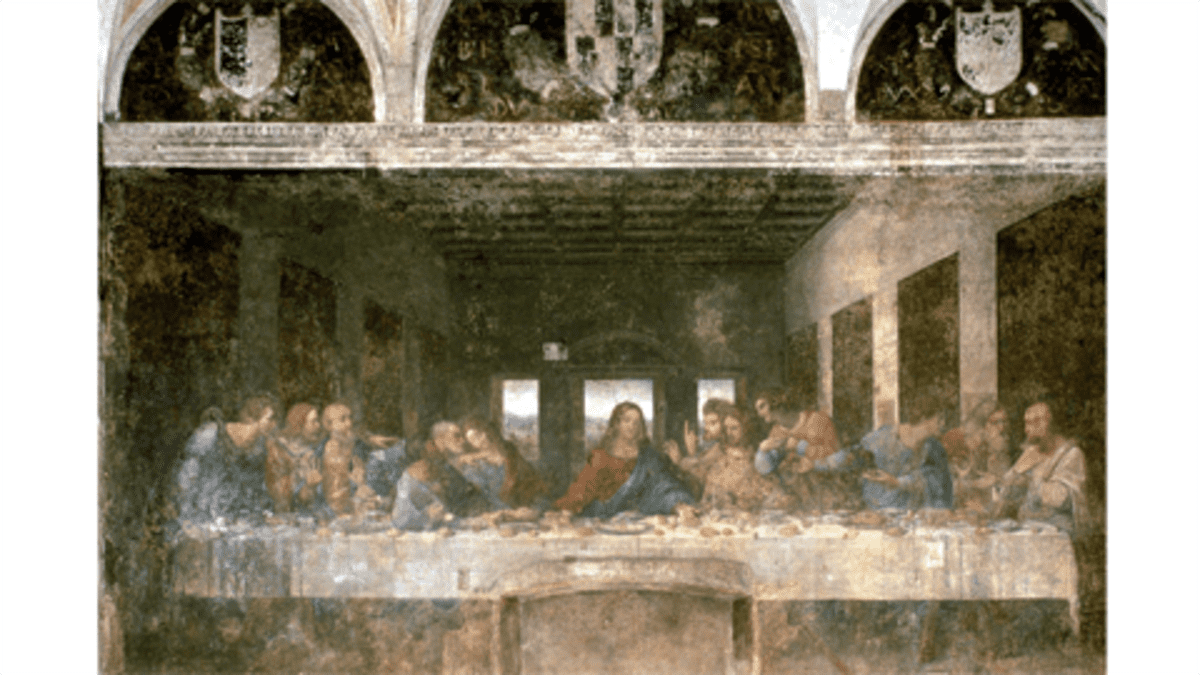 Maalauksessa Jeesus ja opetuslapset nauttivat viimeistä ehtoollista pitkän pöydän ääressä.