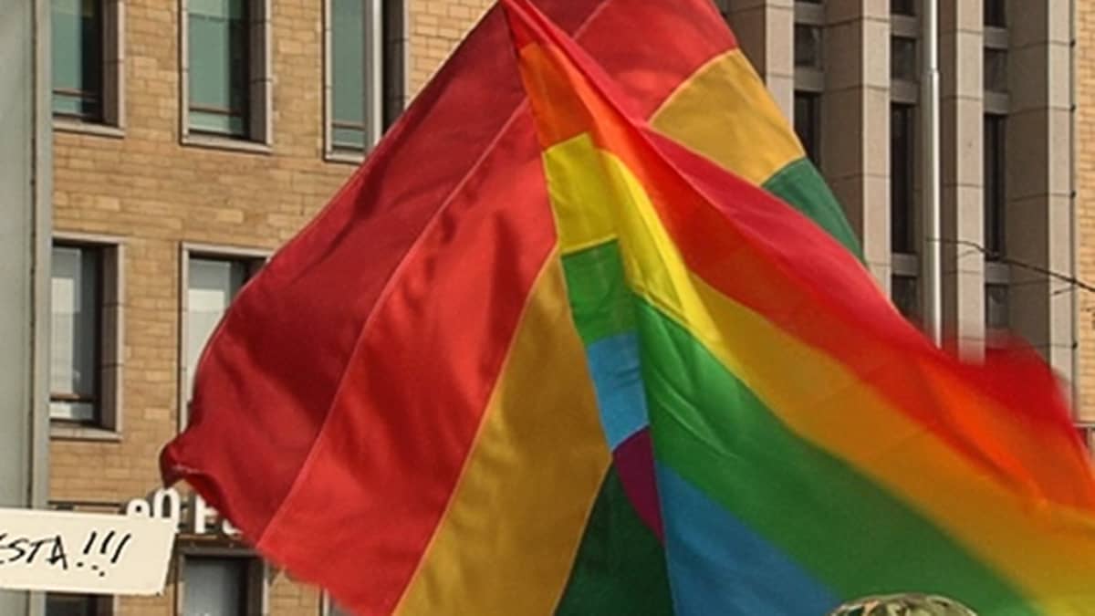 Sateenkaariliput liehuvat homojen oikeuksia puolustavassa mielenosoituksessa