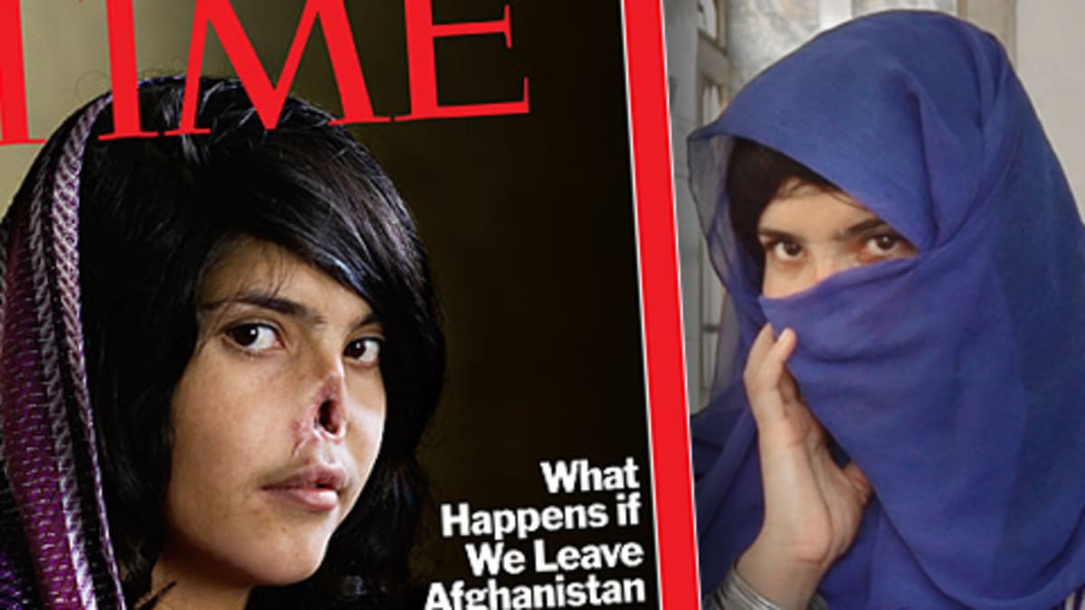 Bibi Aisha Time-lehden elokuun 2010 kansikuvassa ja taustalla YLE Uutisten haastattelussa kesäkuussa 2010.