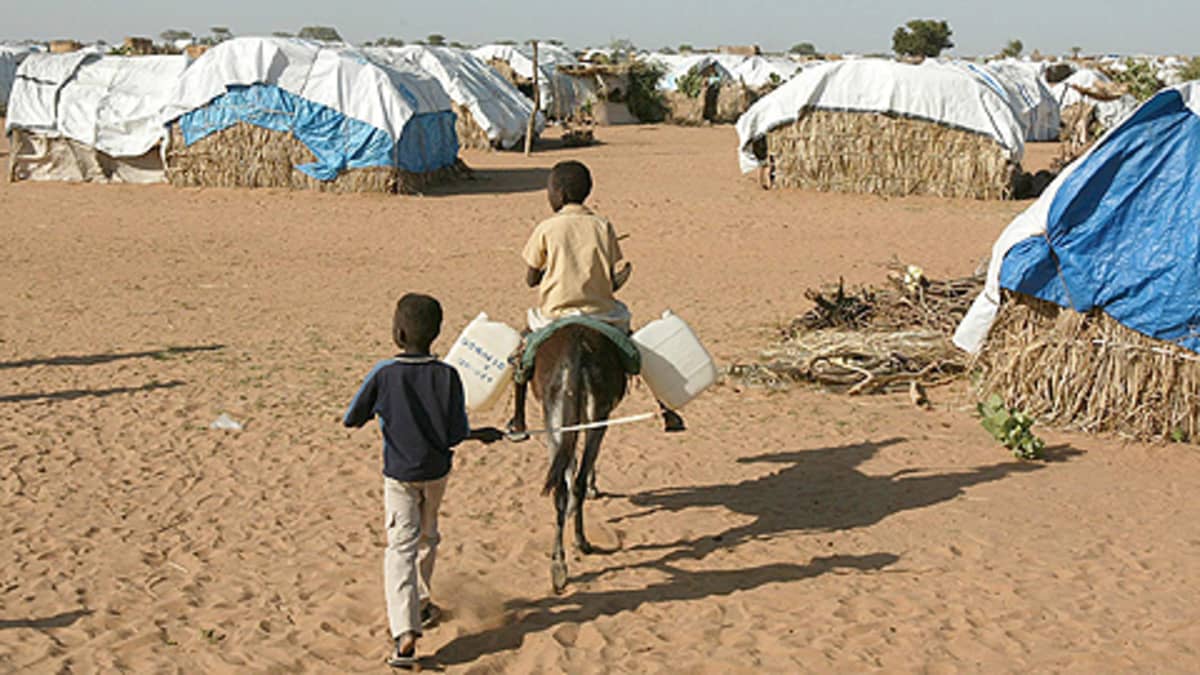Sudanilaiset pojat ohjastavat vesisäiliöitä kantavaa aasia pakolaisleirillä.