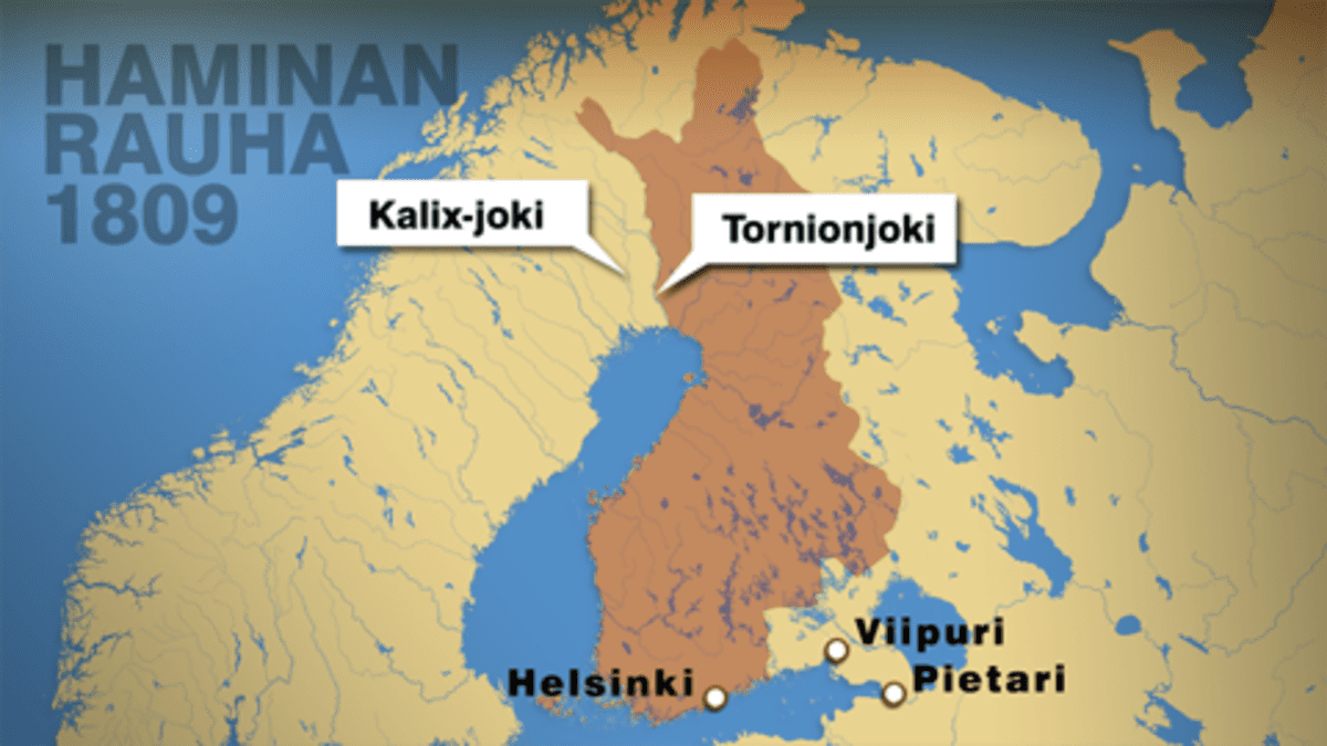 Kartta, jossa näkyvät Haminan rauhassa määritellyt, Venäjälle luovutettavat alueet.
