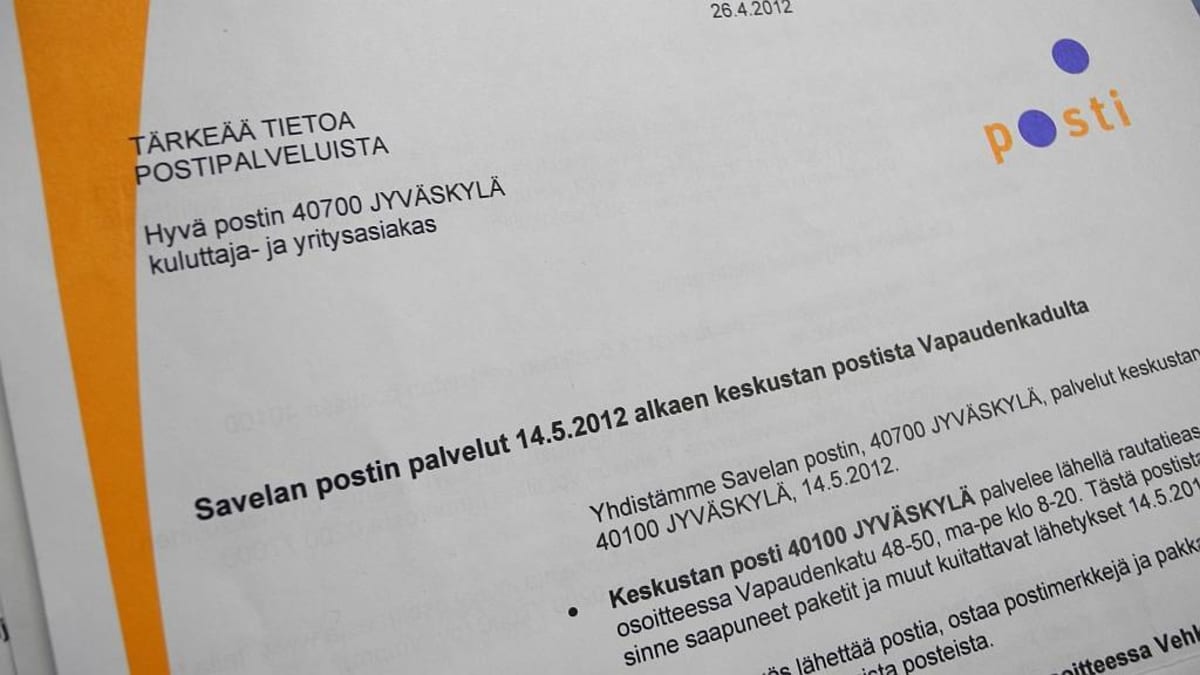 Tiedote Savelan postin sulkemisesta Jyväskylässä.