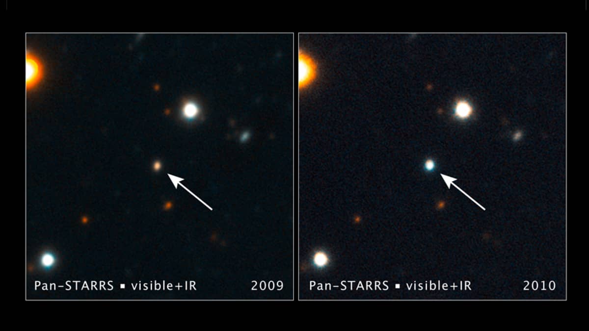 Havaijilla sijaitsevan Pan-STARRS1-teleskoopin ottamat kuvat galaksista, jonka kirkkaus on voimistunut huomattavasti mustan aukon nielaiseman tähden aiheuttaman kaasupurkauksen vuoksi.