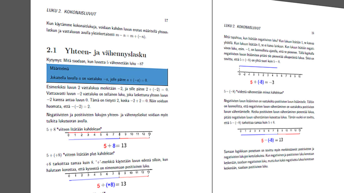 Kuva Oppikirjamaratonissa suunniteltavan matematiikan kirjan sivuilta.